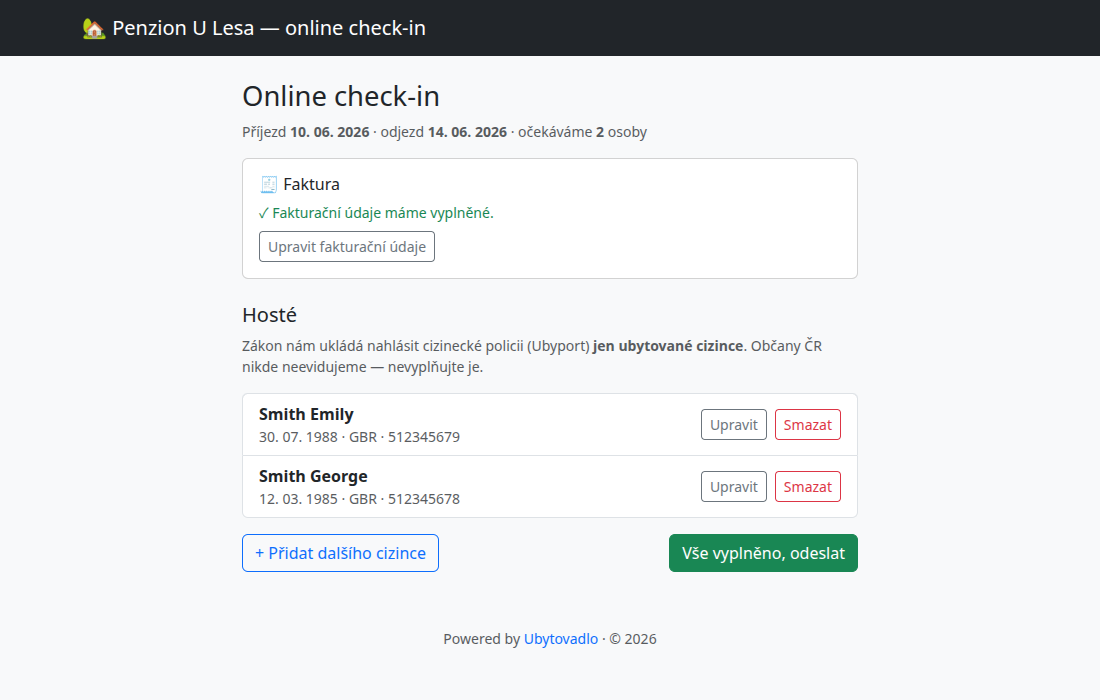 Online check-in — fakturační údaje a sběr dokladů jen u ubytovaných cizinců pro Ubyport