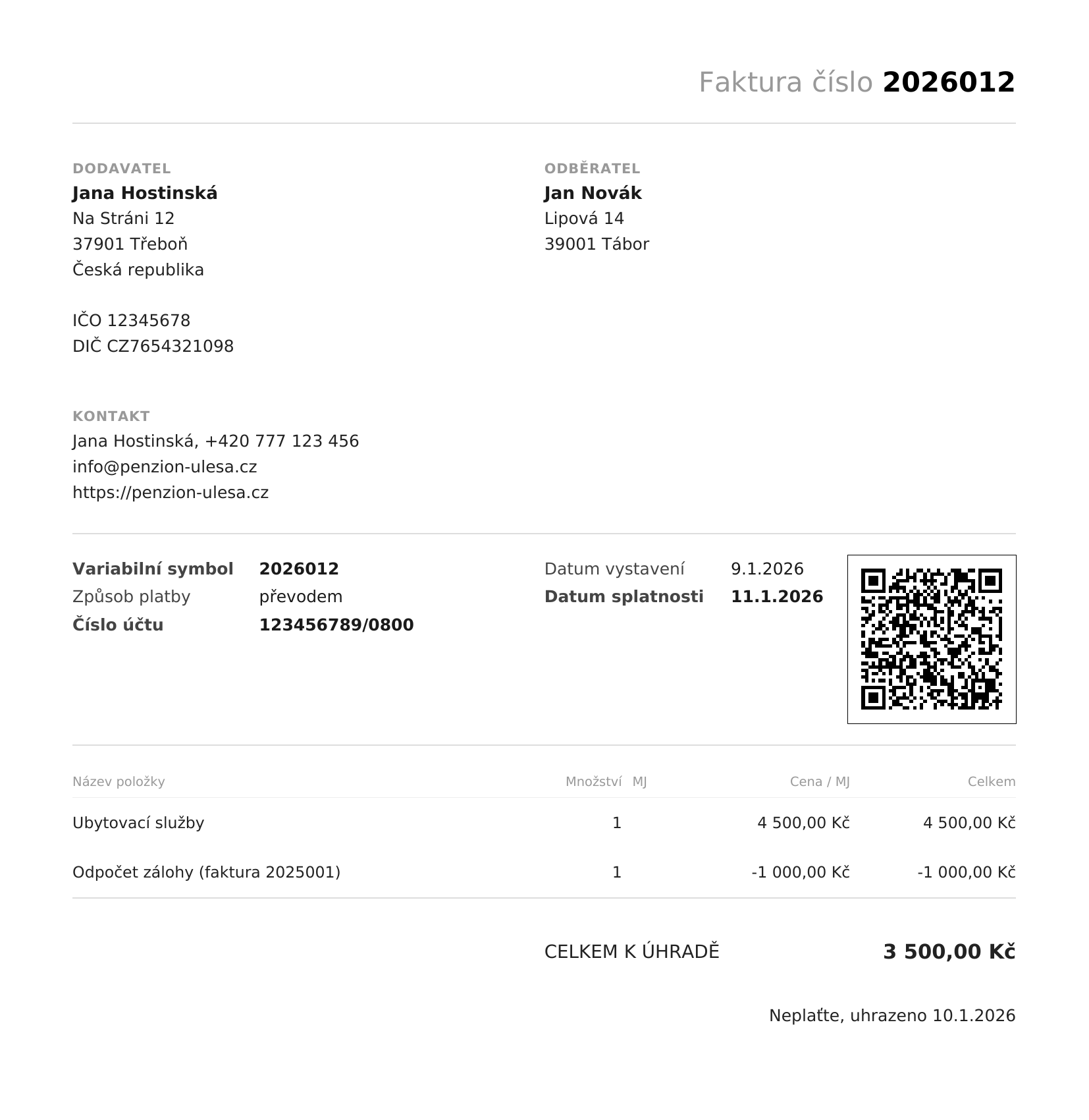Faktura v PDF s QR platbou, variabilním symbolem a odpočtem zálohy